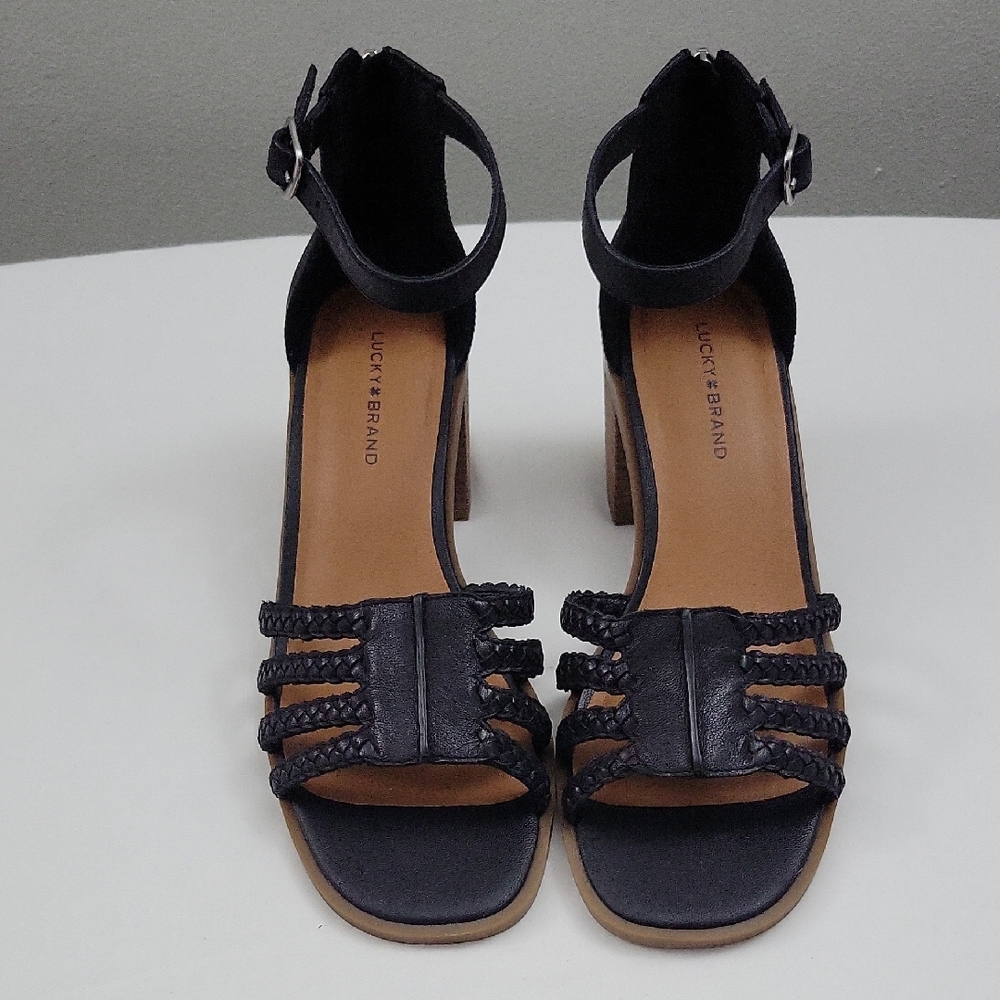 Lucky Brand Womens Black Tasmina Leather Ankle Strap Open Toe Sandals SZ 9